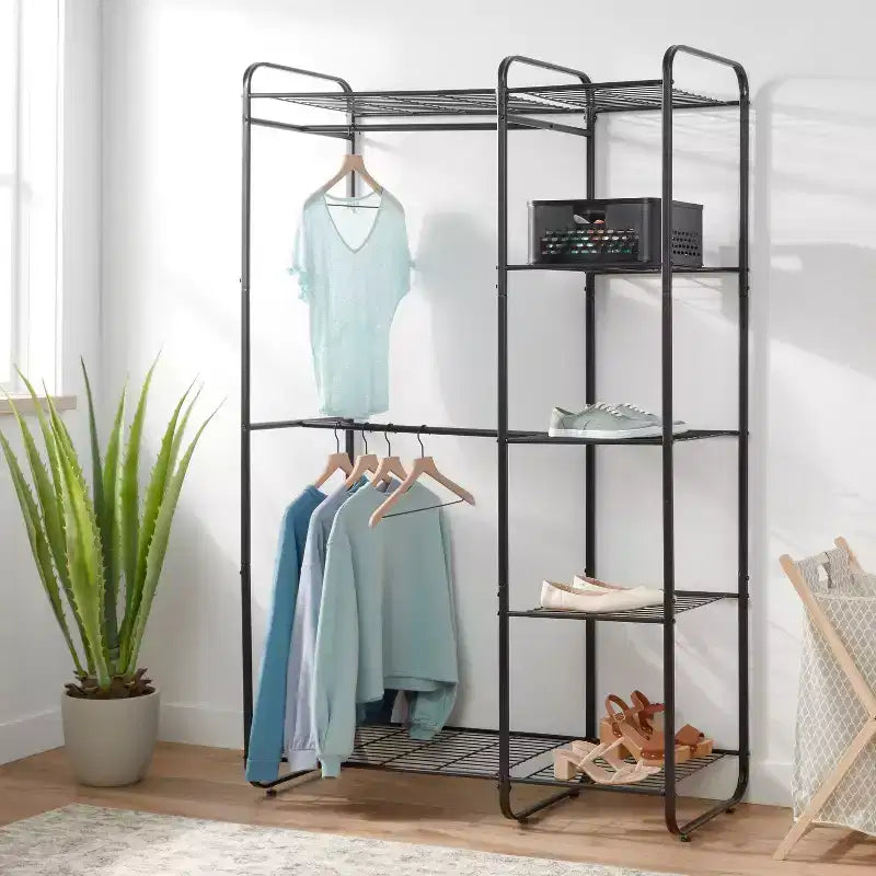 Organizzatore armadio indipendente | Telaio in acciaio, 2 aste appendiabiti e 7 ripiani, 117 cm L x 185 cm H