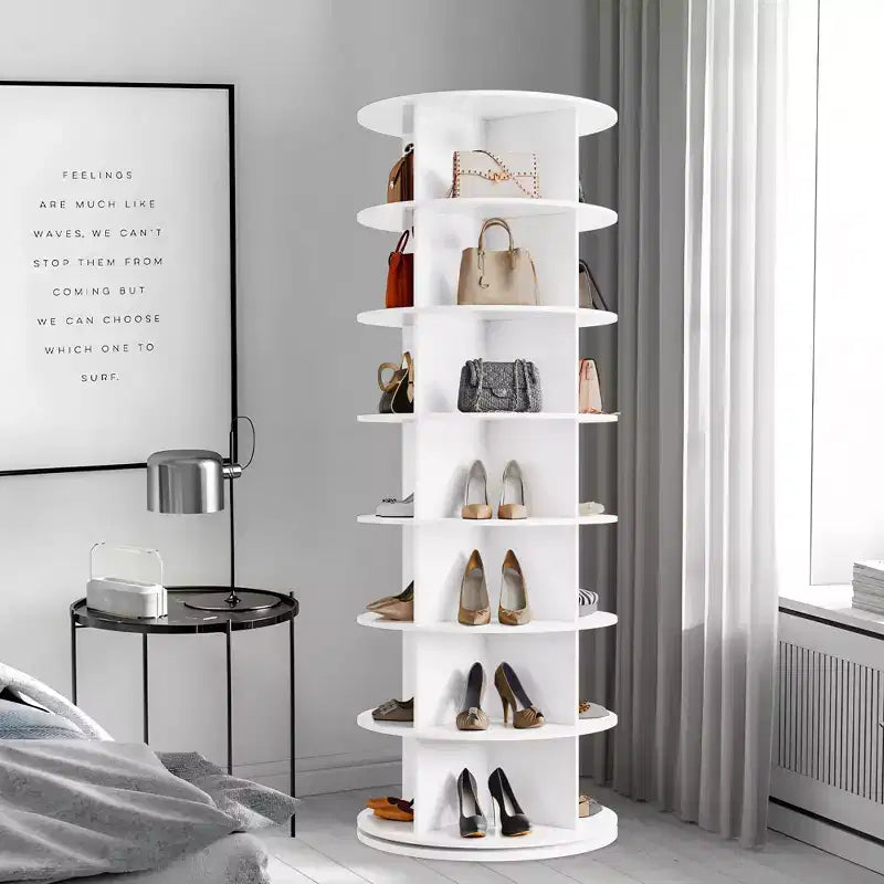 Scarpiera a torre bianca a 7 ripiani con rotazione a 360° | A carosello, autoportante, contiene oltre 24 paia di scarpe