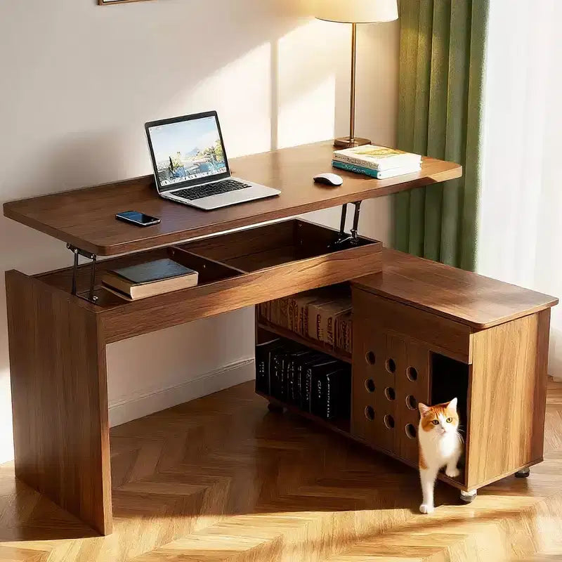 Scrivania a L per ufficio domestico da 140 cm | Altezza regolabile, mensole, noce