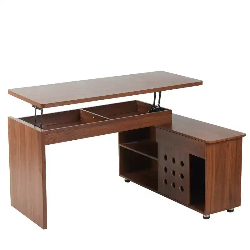 Scrivania a L per ufficio domestico da 140 cm | Altezza regolabile, mensole, noce