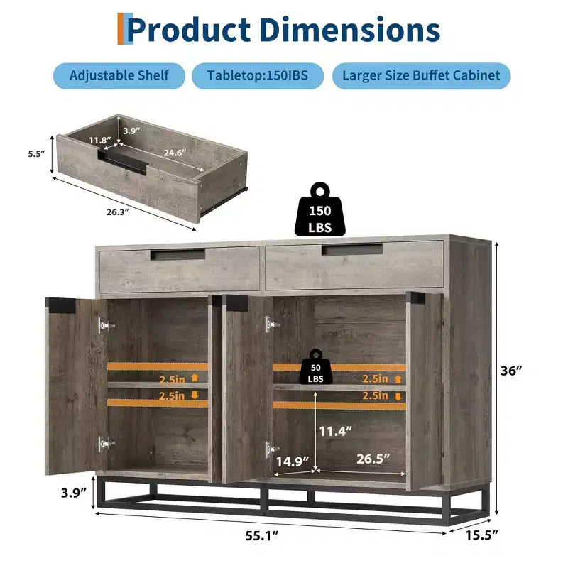 Mobile Contenitore da Cucina Moderno Grande da 140 cm | 2 Cassetti e 4 Ante, Credenza per Angolo Caffè