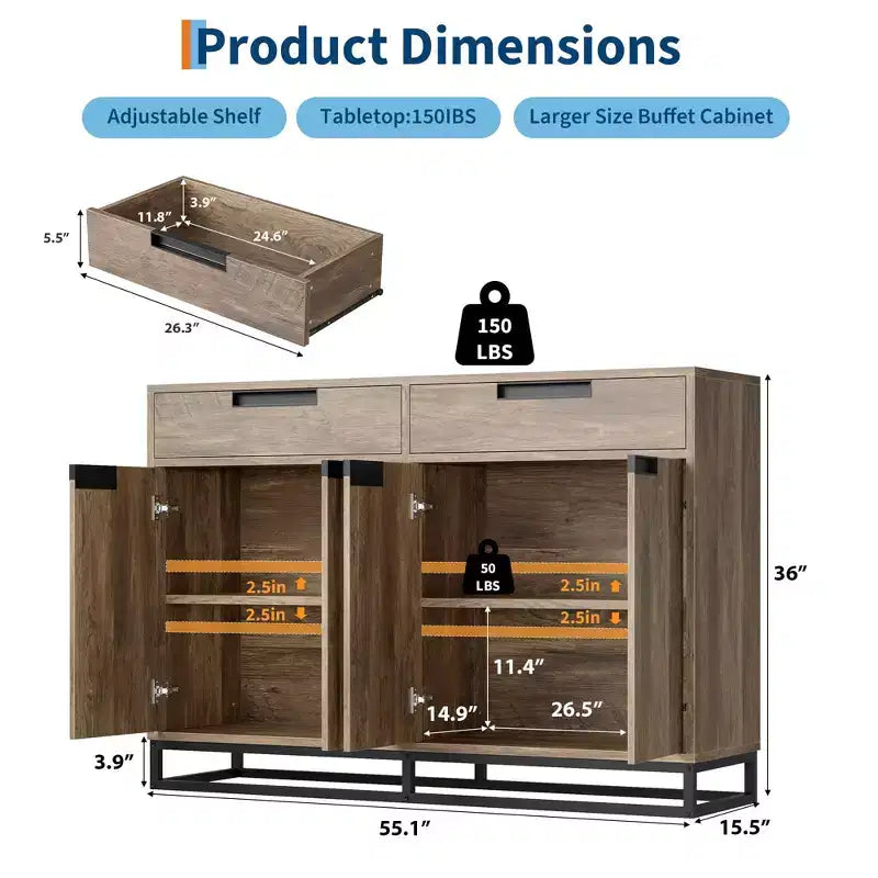 Mobile Contenitore da Cucina Moderno Grande da 140 cm | 2 Cassetti e 4 Ante, Credenza per Angolo Caffè