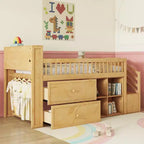Whisen Twin Size Loft Bed with LED, Bookshelf, Stairs, Storage Drawers and Shelves, Solid Wood Sturdy Frame