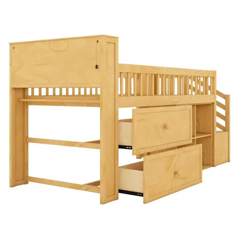 Letto a soppalco singolo con libreria a LED, scale e cassetti contenitore | Legno massello di pino