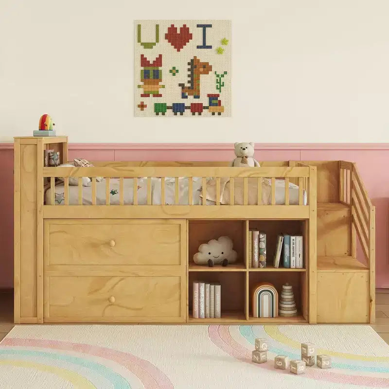 Letto a soppalco singolo con libreria a LED, scale e cassetti contenitore | Legno massello di pino