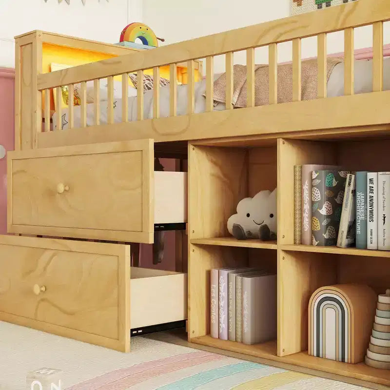 Letto a soppalco singolo con libreria a LED, scale e cassetti contenitore | Legno massello di pino