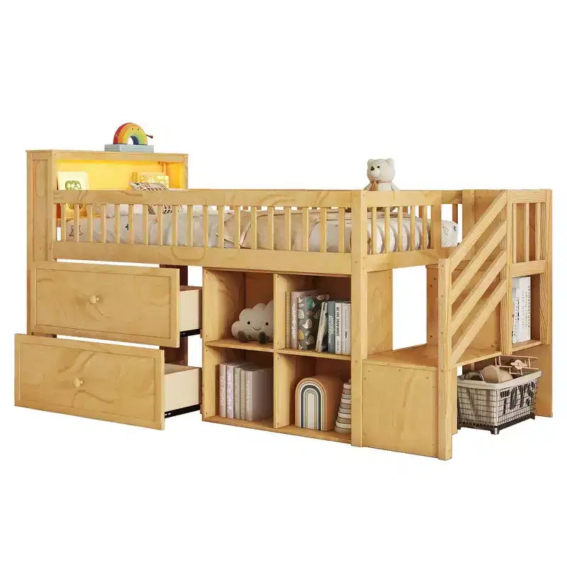 Letto a soppalco singolo con libreria a LED, scale e cassetti contenitore | Legno massello di pino