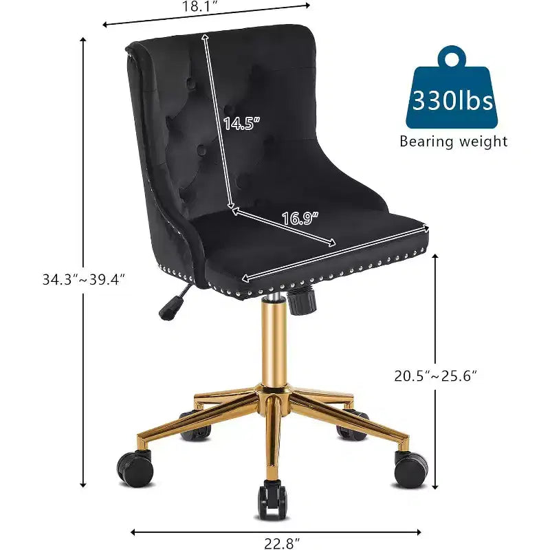Sedia da scrivania girevole senza braccioli in velluto nero | Base dorata, altezza regolabile, portata 150 kg