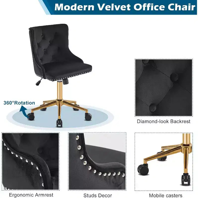 Sedia da scrivania girevole senza braccioli in velluto nero | Base dorata, altezza regolabile, portata 150 kg