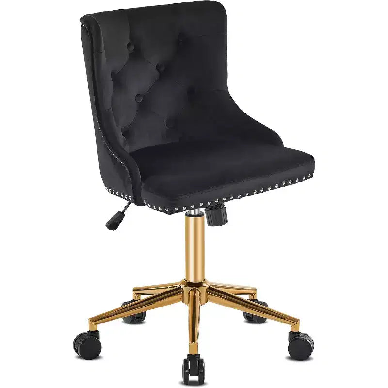 Sedia da scrivania girevole senza braccioli in velluto nero | Base dorata, altezza regolabile, portata 150 kg