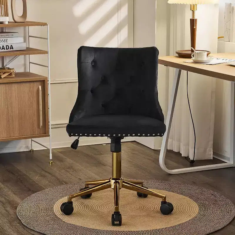 Sedia da scrivania girevole senza braccioli in velluto nero | Base dorata, altezza regolabile, portata 150 kg