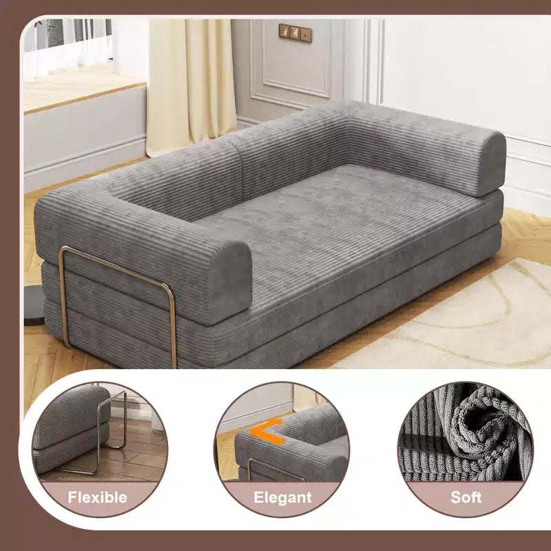 Divano Letto Convertibile in Velluto a Coste | Futon a 3 Posti Pieghevole King Size, Nessun Montaggio