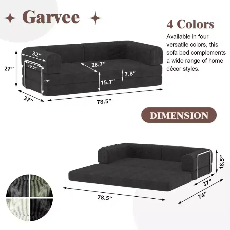 Divano Letto Convertibile in Velluto a Coste | Futon a 3 Posti Pieghevole King Size, Nessun Montaggio