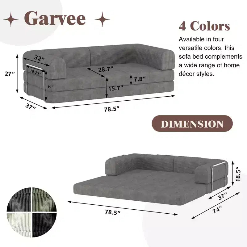 Divano Letto Convertibile in Velluto a Coste | Futon a 3 Posti Pieghevole King Size, Nessun Montaggio