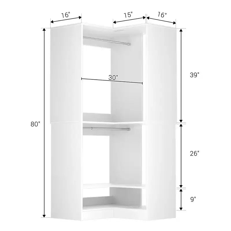 Sistema armadio angolare autoportante | 2 aste appendiabiti e scarpiera, 203 cm H, MDF