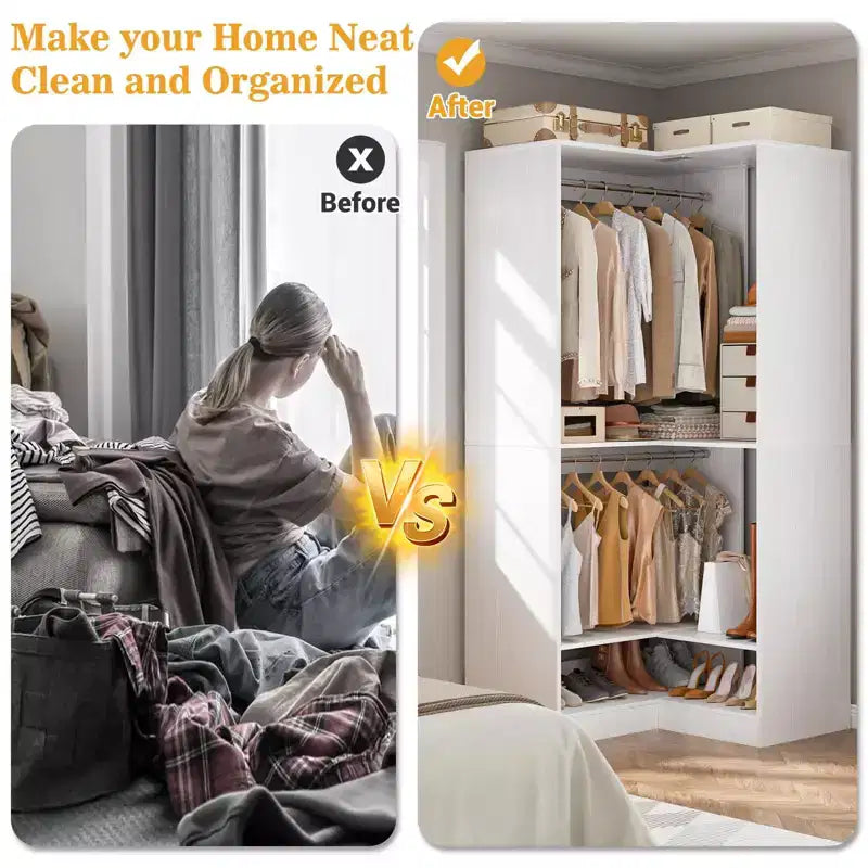 Sistema armadio angolare autoportante | 2 aste appendiabiti e scarpiera, 203 cm H, MDF