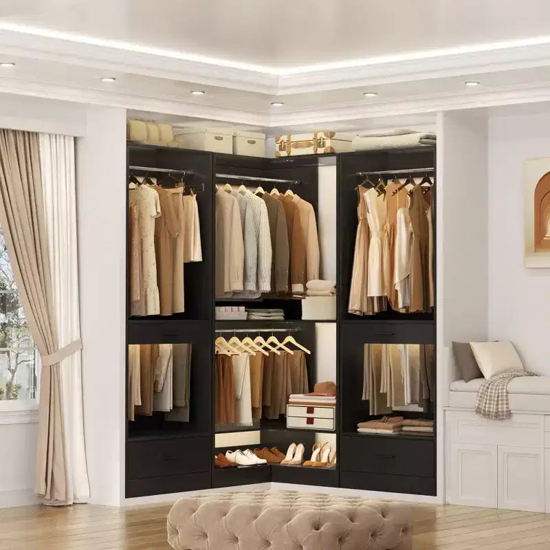 Sistema armadio angolare autoportante | 2 aste appendiabiti e scarpiera, 203 cm H, MDF