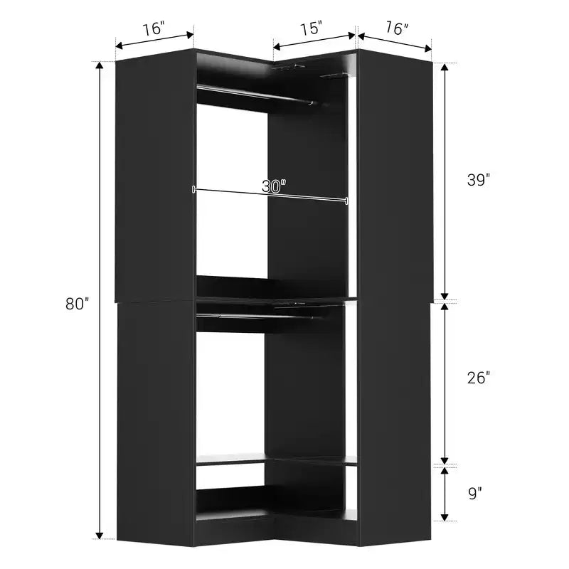 Sistema armadio angolare autoportante | 2 aste appendiabiti e scarpiera, 203 cm H, MDF