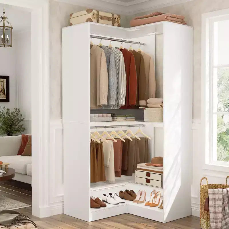 Sistema armadio angolare autoportante | 2 aste appendiabiti e scarpiera, 203 cm H, MDF