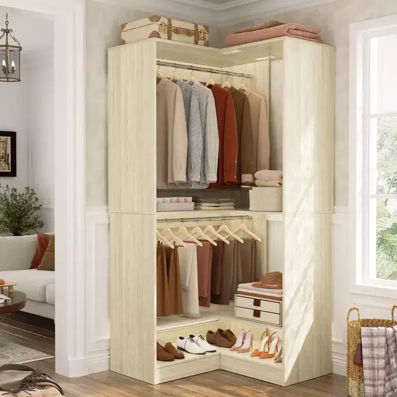 Sistema armadio angolare autoportante | 2 aste appendiabiti e scarpiera, 203 cm H, MDF