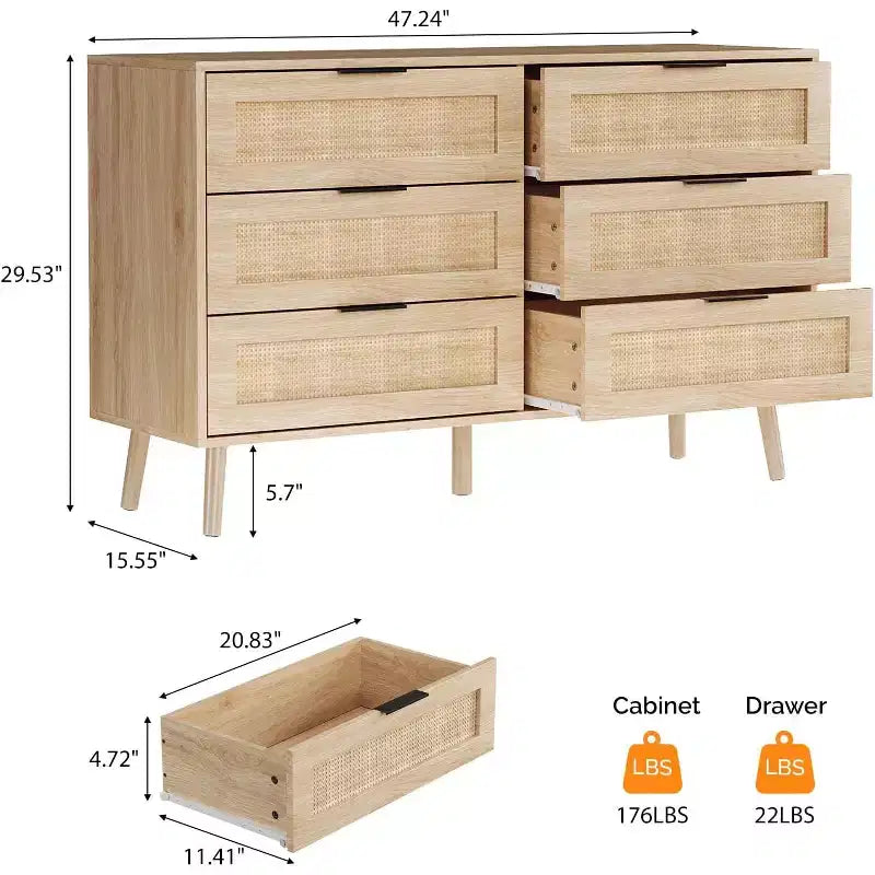 Comò a 6 cassetti in rattan | Cassettiera boho in canna intrecciata, 120 cm di larghezza