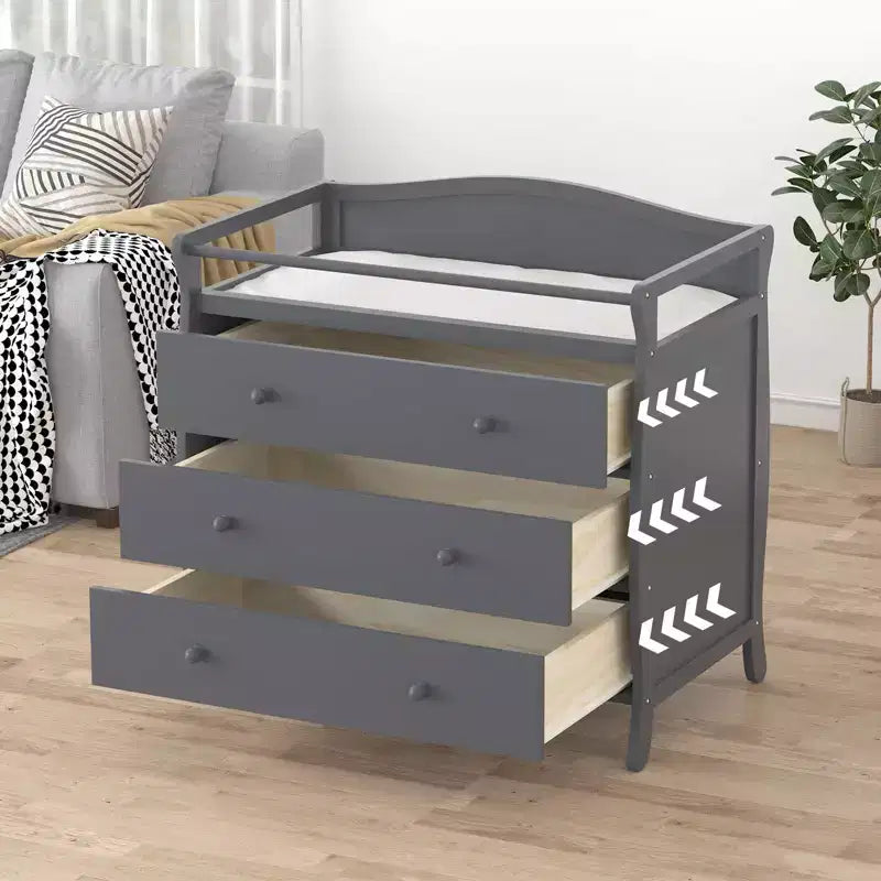 Fasciatoio Comò Grigio | 3 Cassetti, Sponde di Sicurezza e Cinghia per la Cameretta