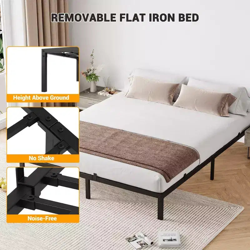 Struttura letto resistente con contenitore, base a piattaforma in metallo con barre di supporto in acciaio, silenziosa, facile da montare, non richiede rete a molle