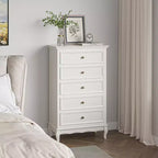 Cassettiera a 5 cassetti per camera da letto, armadio moderno con gambe in legno massello e finitura verniciata - Bianco