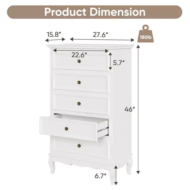 Cassettiera a 5 cassetti per camera da letto, armadio moderno con gambe in legno massello e finitura verniciata - Bianco