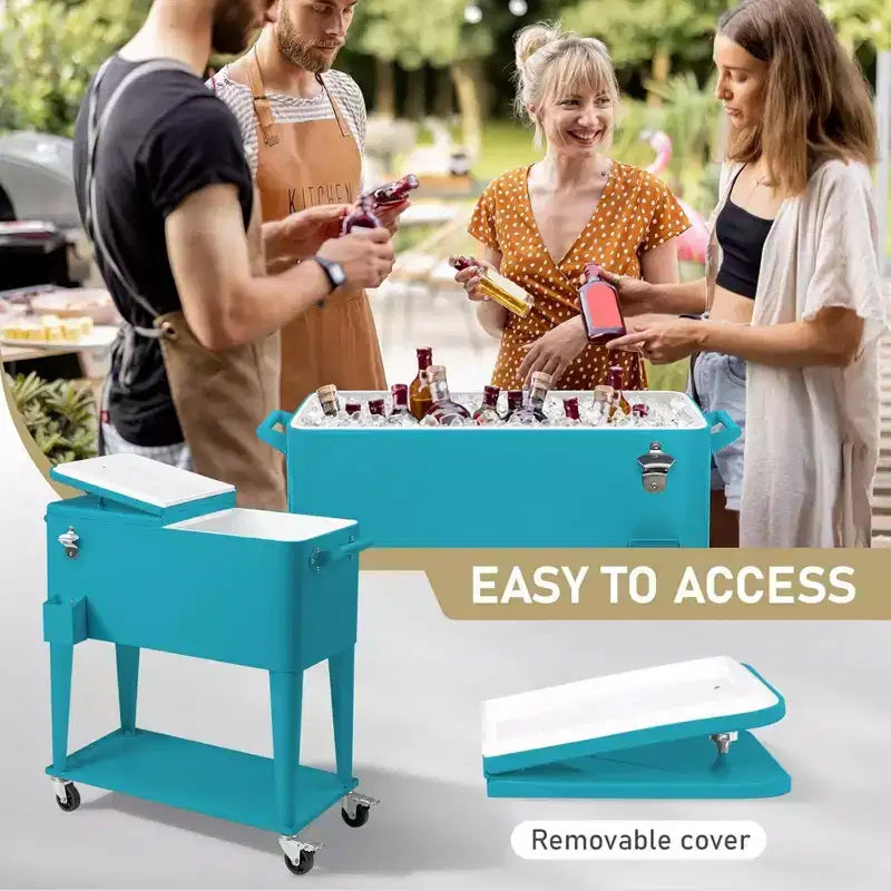Ghiacciaia con ruote da 76 litri | Frigo-bar portatile con vasca di raccolta e vassoio portaoggetti