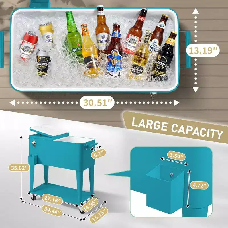 Ghiacciaia con ruote da 76 litri | Frigo-bar portatile con vasca di raccolta e vassoio portaoggetti
