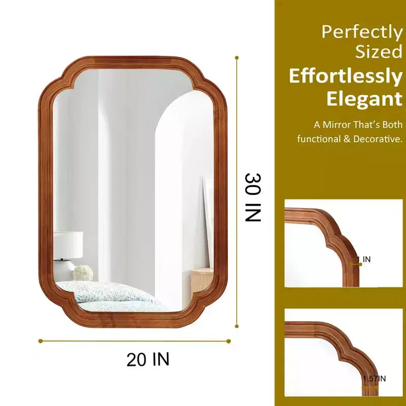 Specchio decorativo da parete con cornice in legno massello, angoli arrotondati, colore legno naturale, 20 x 30 pollici, per camera da letto, ingresso e soggiorno