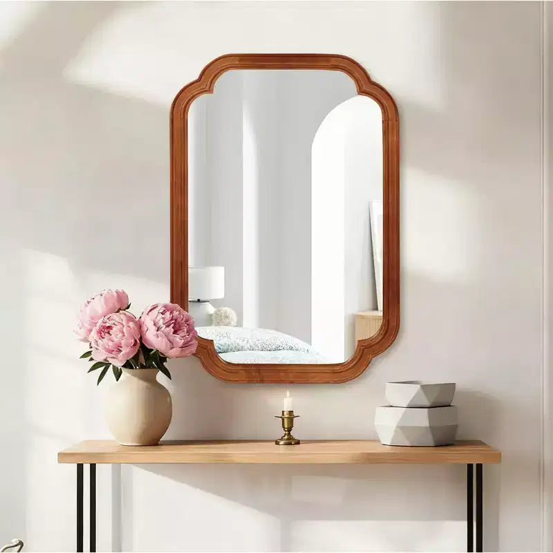 Specchio decorativo da parete con cornice in legno massello, angoli arrotondati, colore legno naturale, 20 x 30 pollici, per camera da letto, ingresso e soggiorno
