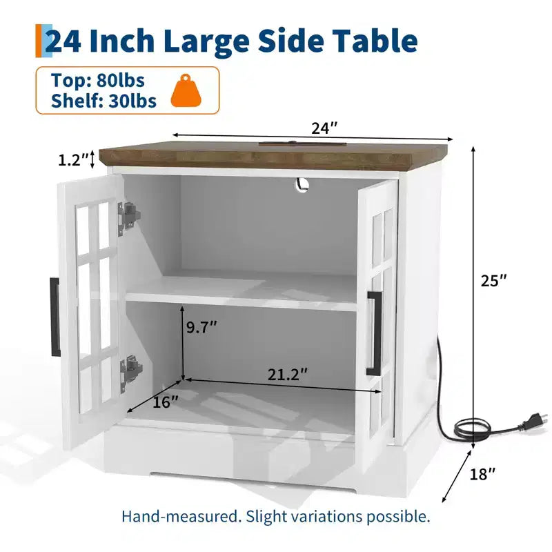 Comodino da Fattoria Grande 24" con Stazione di Ricarica - 2 prese CA e 2 USB, Tavolini da Salotto con Contenitore e Ripiano Regolabile, Tavolino Laterale Bianco