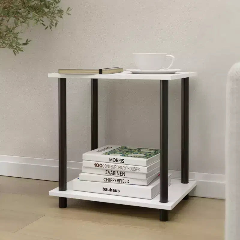 Tavolino Laterale in Legno a 2 Ripiani con Presa di Corrente Integrata e Porte USB | Scaffale Compatto da 38 cm