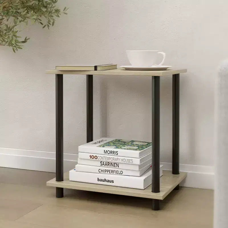 Tavolino Laterale in Legno a 2 Ripiani con Presa di Corrente Integrata e Porte USB | Scaffale Compatto da 38 cm