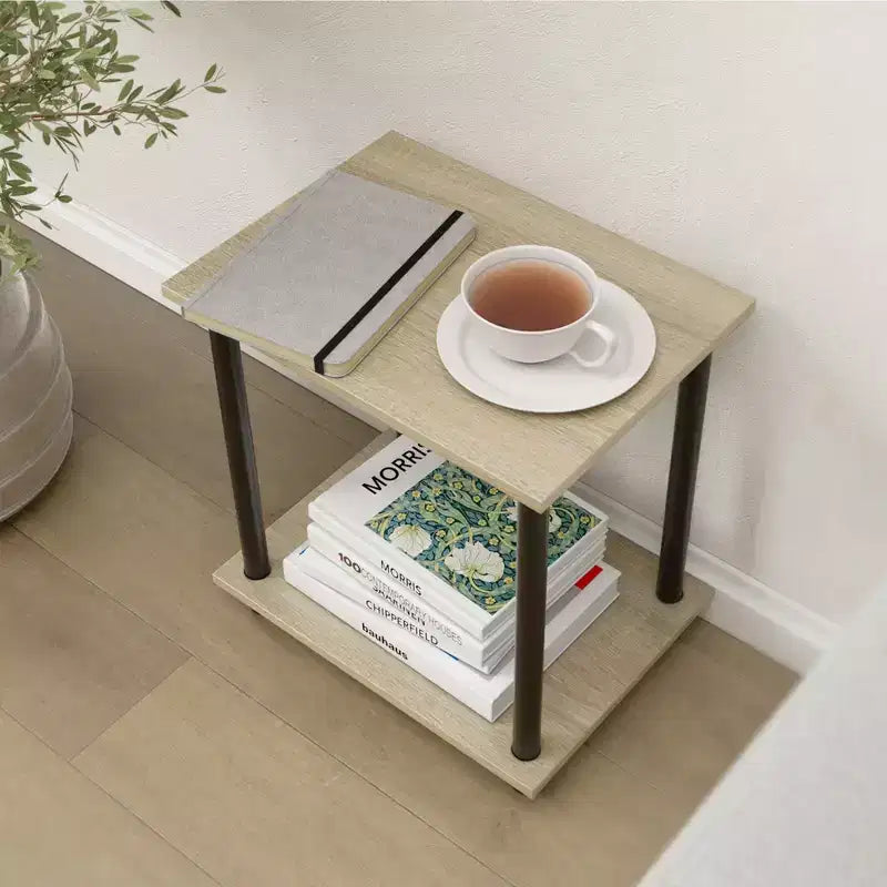 Tavolino Laterale in Legno a 2 Ripiani con Presa di Corrente Integrata e Porte USB | Scaffale Compatto da 38 cm