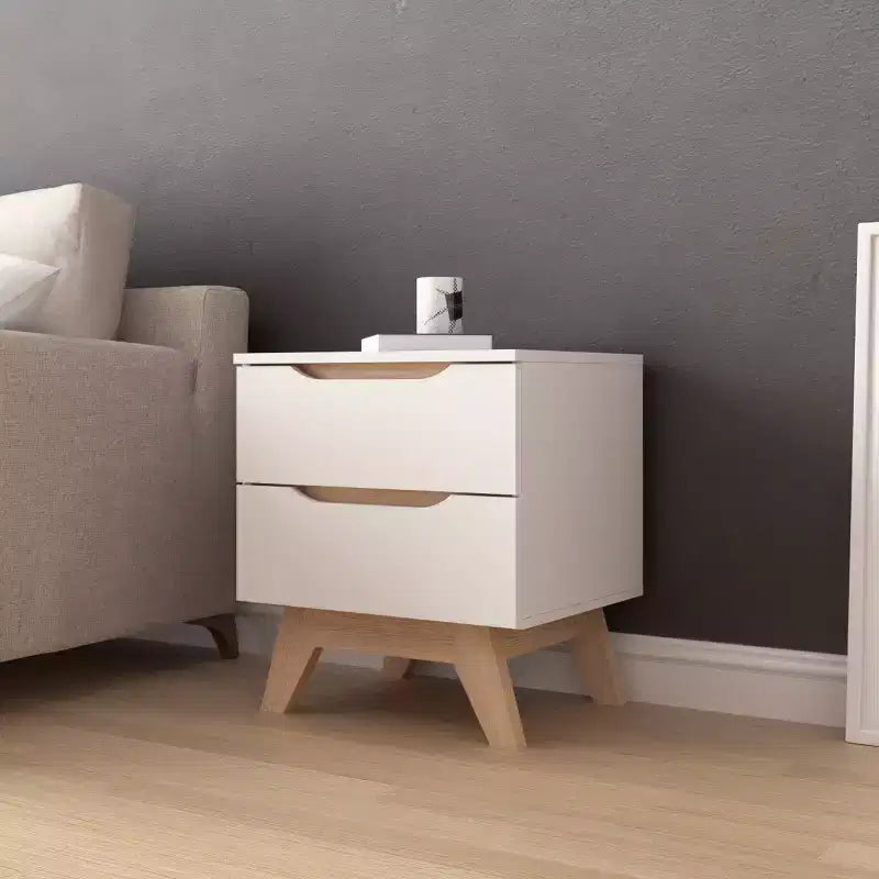 Tavolino Rettangolare con 2 Cassetti in Rovere Bianco e Naturale | Tavolino Compatto da 48 cm