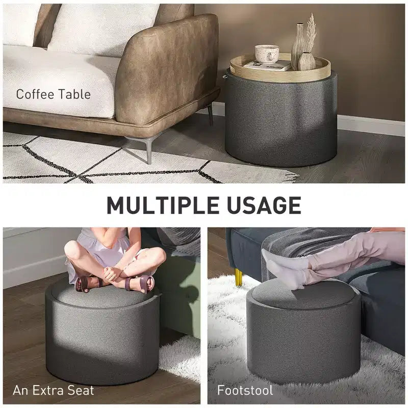 Pouf/Tavolino rotondo contenitore con vassoio ribaltabile, poggiapiedi rivestito in tessuto di lino con scomparto segreto