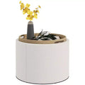 Round Storage Ottoman Coffee Table with Flip Top Tray, Linen Fabric Upholstered Footstool with Hidden Compartment