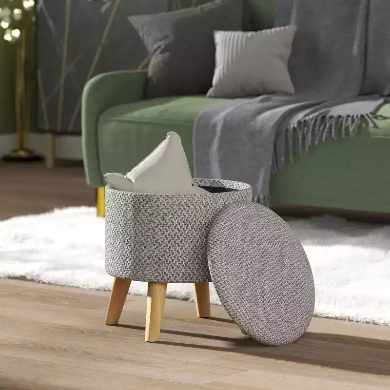 Pouf contenitore rotondo in lino | Poggiapiedi imbottito con contenitore nascosto e gambe in legno