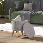 Pouf contenitore rotondo in lino | Poggiapiedi imbottito con contenitore nascosto e gambe in legno