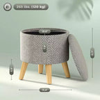 Pouf contenitore rotondo in lino | Poggiapiedi imbottito con contenitore nascosto e gambe in legno