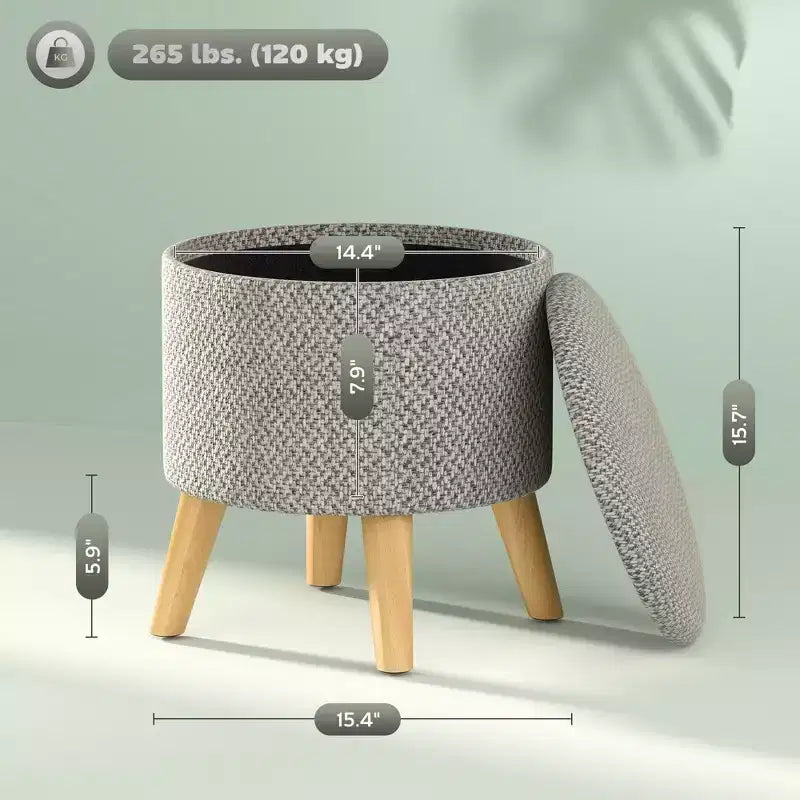 Pouf contenitore rotondo in lino | Poggiapiedi imbottito con contenitore nascosto e gambe in legno