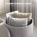 Pouf contenitore rotondo in lino | Poggiapiedi imbottito con contenitore nascosto e gambe in legno