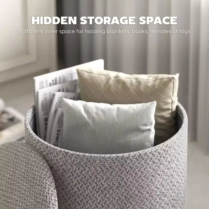 Pouf contenitore rotondo in lino | Poggiapiedi imbottito con contenitore nascosto e gambe in legno