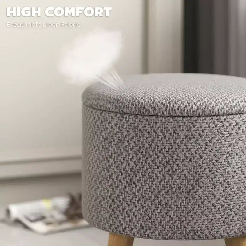 Pouf contenitore rotondo in lino | Poggiapiedi imbottito con contenitore nascosto e gambe in legno