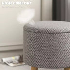 Pouf contenitore rotondo in lino | Poggiapiedi imbottito con contenitore nascosto e gambe in legno