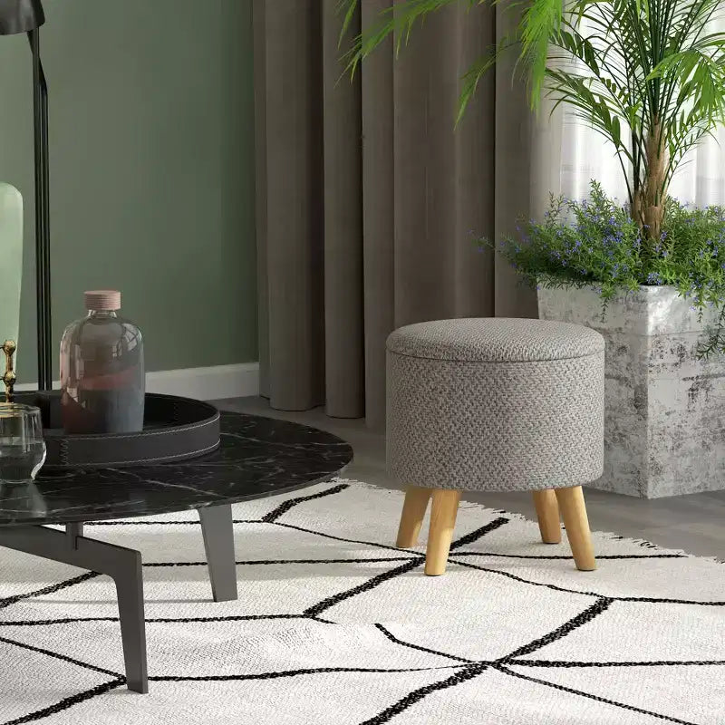 Pouf contenitore rotondo in lino | Poggiapiedi imbottito con contenitore nascosto e gambe in legno