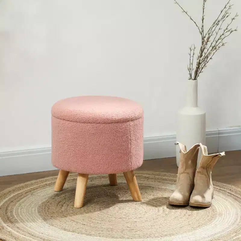 Pouf contenitore rotondo in lino | Poggiapiedi imbottito con contenitore nascosto e gambe in legno